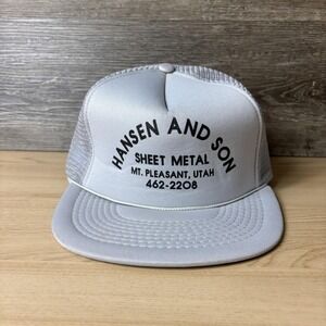 VINTAGE Hansen And Son Sheet Metal Hat Snap Back Gray Trucker Mt Pleasant Utah
